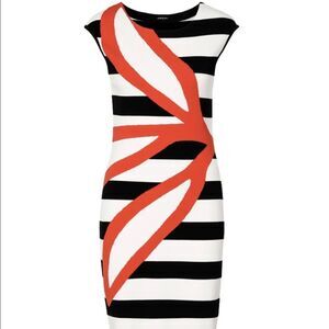 Marc Cain Black/White Striped Knit Dress with Red Print
